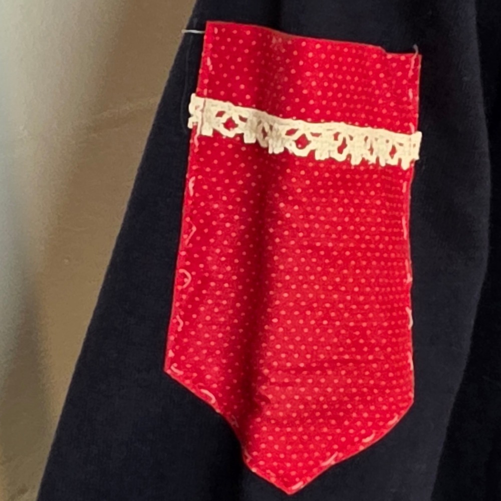 Vintage 80s Activewear Navy Blue Ruffle Collar Polka Dot Sweatshirt Women Medium - Picture 3 of 12
